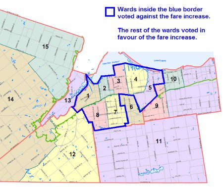 Council votes on fare increase by ward: wards inside blue border voted against the fare increase.