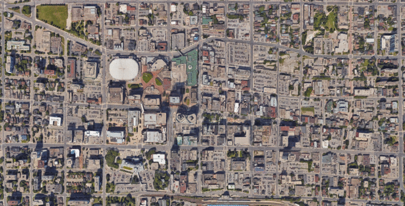 Downtown Hamilton, bounded by Queen, Cannon, Wellington and Hunter. All the surface parking lots could be redeveloped to generate 10-20 times as much property tax as they do now (Image Credit: Google Maps)
