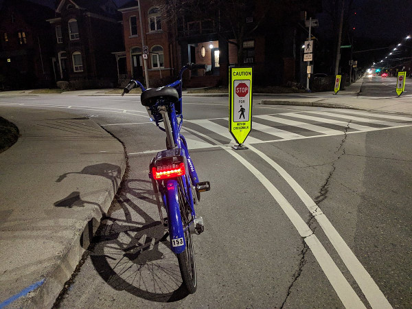 Bollard moved to correct spot between bike lane and car lane, April 13, 2018 (RTH file photo)