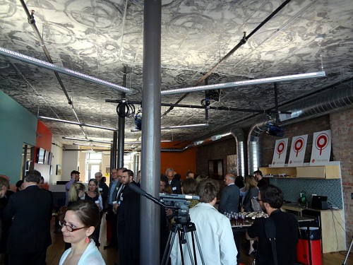 The inside of the CBC Hamilton office, with prominent stamped tin ceiling.