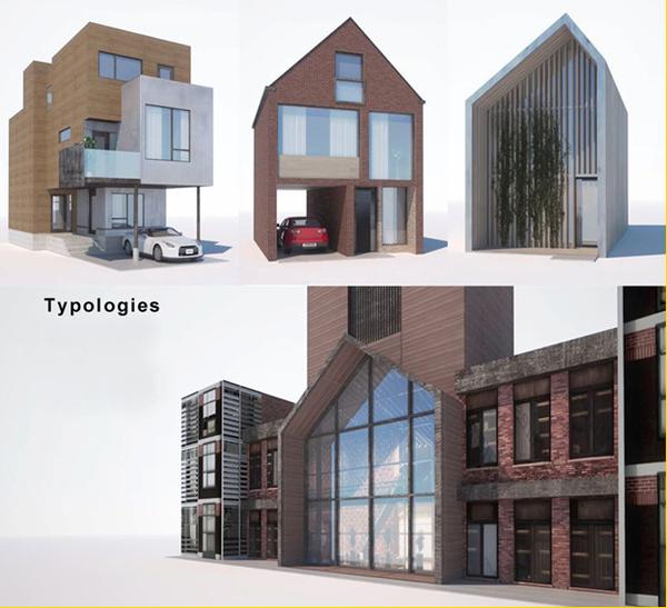 Image 3: the various housing typologies developed for our study: including detached and row houses and smaller apartment blocks. Unit sizes would range, along with price points for ownership.