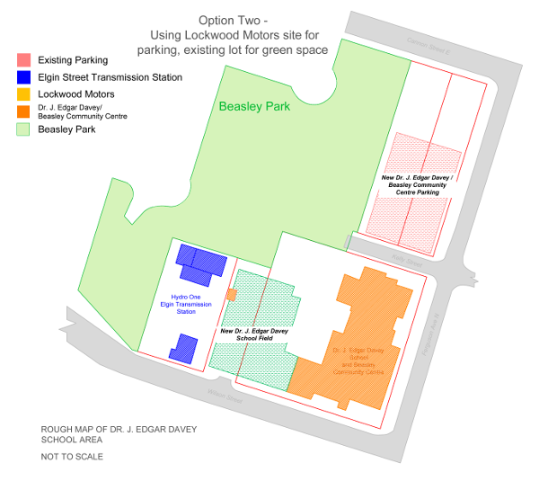Option 2: Use the Lockwood Motors area for parking, convert the existing school parking lot into green space