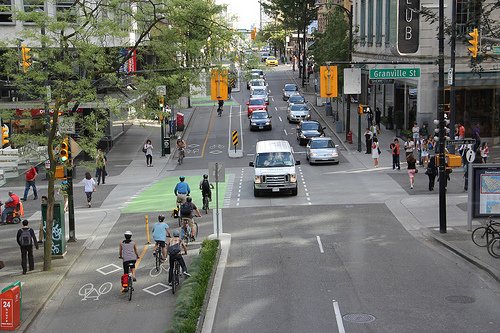 Another view of Dunsmuir bike lanes in Vancouver (Image Credit: Paul Krueger)
