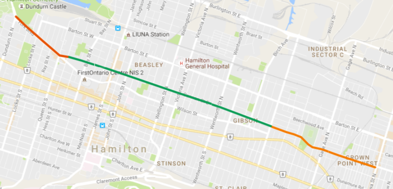 Map: east of cycle track in orange, cycle track in green and west of cycle track in dark orange (Image Credit: Google Maps)