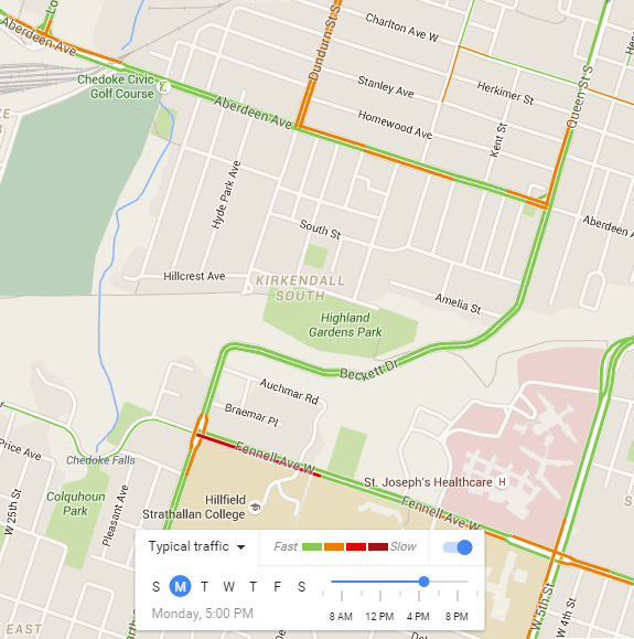 Google Maps Typical Traffic, Monday 5:00 PM