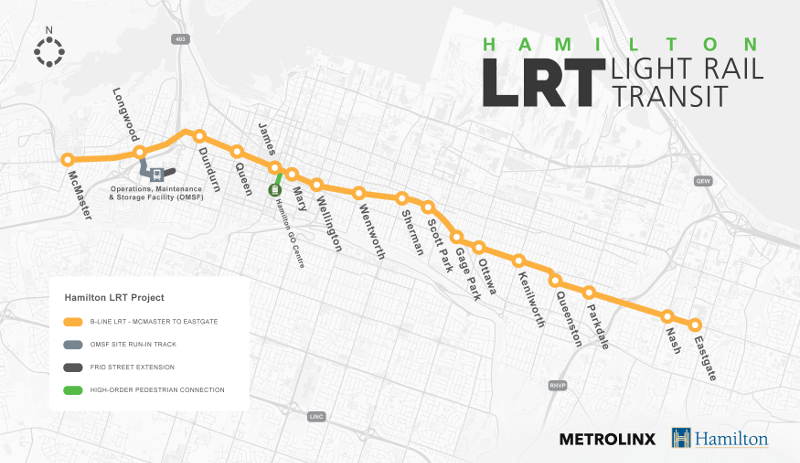 B-Line LRT route from McMaster University to Eastgate Square with higher-order pedestrian connection to Hunter GO Station