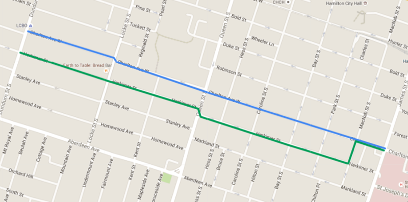 Map: bike lanes on Charlton and Herkimer between Dundurn and James (Image Credit: Google Maps)