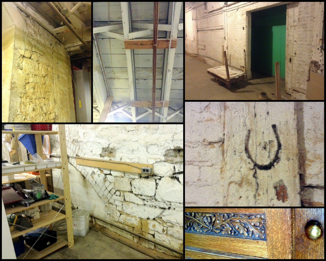 Tagline: (Clockwise) Century old stone walls and wooden ceilings, an elevator shaft, a woodworker's mark, sample of wood-carving in the office area, and traces of the original water-wheel race from the Gartshore foundry are still visible throughout the 'old section' of 64 Hatt Street.