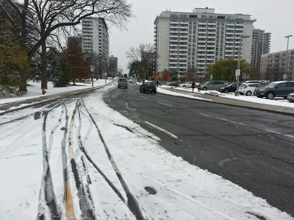Snow and tire tracks on the Hunter Street bike lanes, November 17, 2014