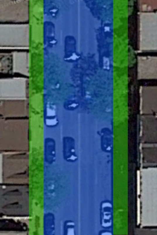 James Street North, just north of Robert Street. Blue  area is dedicated for cars, green area for everything else (Image Credit: Google Maps)
