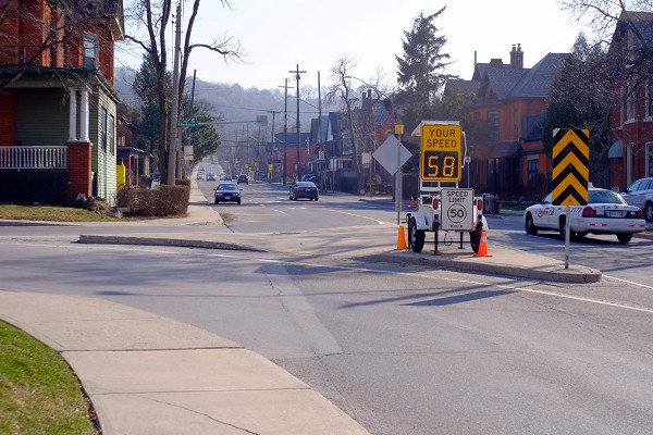 Mobile speed radar at Herkimer and Queen, one of the first locations to get a new PXO (Image Credit: Kirkdendall Neighbourhood Association)