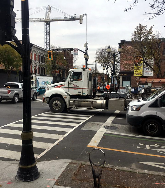 Transport truck blocking the crosswalk at Cannon and James, November 9, 2017 (Image Credit: Dave Kuruc)