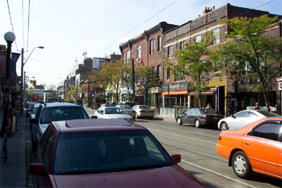 Little Italy, one of Toronto's artistic hot spots: other than the streetcar tracks (ouch!), this could be James St. North in Hamilton