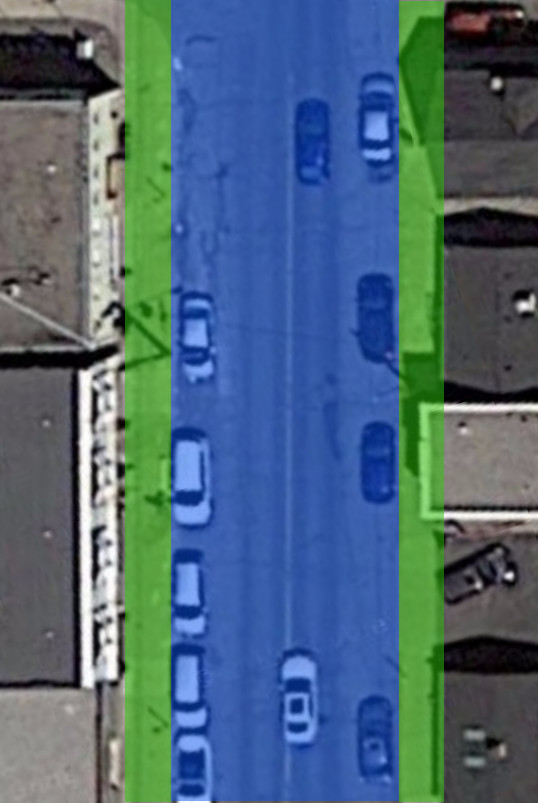 Locke Street South, just north of Tuckett Street. Blue area is dedicated for cars, green area for everything else (Image Credit: Google Maps)