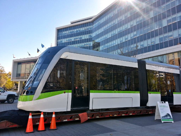 Metrolinx LRT vehicle on display in front of Hamilton City Hall (RTH file photo)