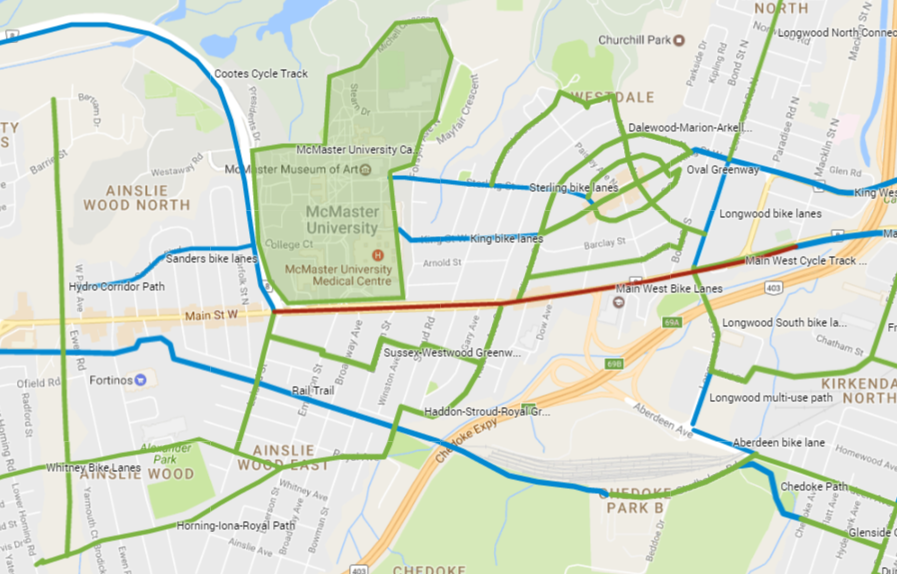 Proposed cycling facilities in Westdale and Ainslie Wood (Image Credit: Google Maps)