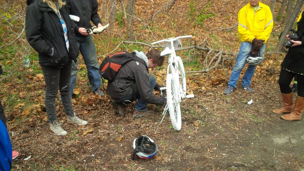 'Ghost bike' memorial placed where Jay Keddy was killed on the Claremont Access (RTH file photo)
