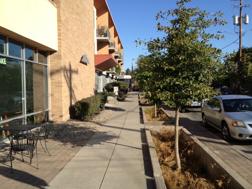 Beautiful sidewalks with micro-patios, street trees and curbside parking
