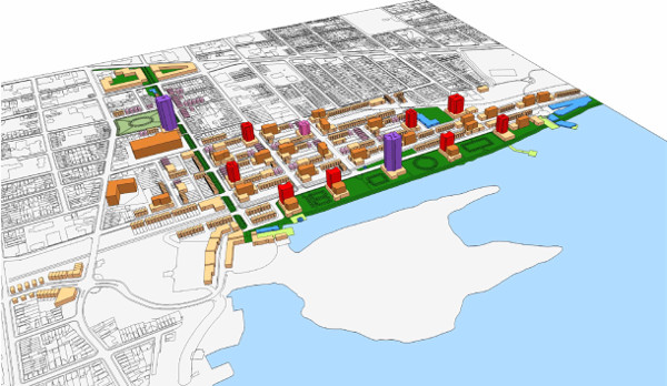 The Curran plan for the rail yard and beyond. Omitted from this expansive plan, which overflows Barton-Tiffany for several blocks in all directions, is Mr. Curran's proposal that the low density public housing survey bounded by Strachan, Ferrie, James and MacNab in the North End be replaced with a high density development of some sort.