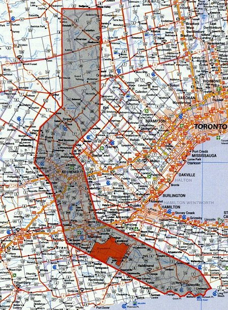 Haldimand Tract Map. The grey area with red border is the land granted by the Haldimand Proclamation, 950,000 acres granted on October 25, 1784. The solid red area is the current Six Nations reserve, 46,500 acres or 4.9% of the original. (Image Source: turtleisland.org)