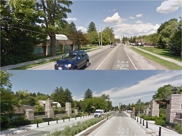 Wilson Street in Ancaster, Before and After traffic calming (Image Credit: Google Street View)
