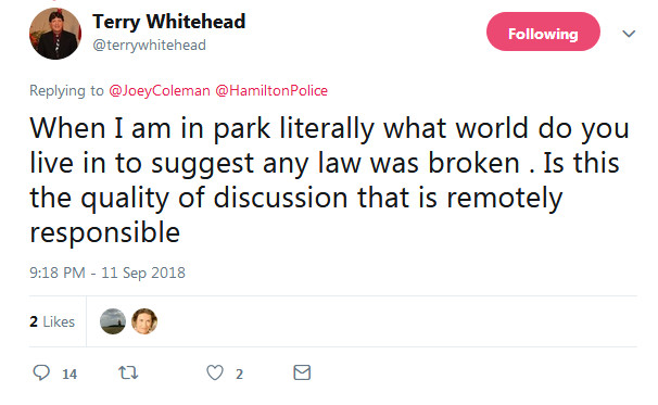 Screengrab of Terry Whitehead's tweet posted at 9:18 PM