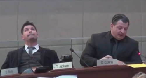 Ward 5 Councillor Chad Collins, left, slowly rolls his eyes at the ceiling while Ward 4 Councillor Sam Merulla speaks to his LRT motion (Image Credit: screen capture from TPR video)