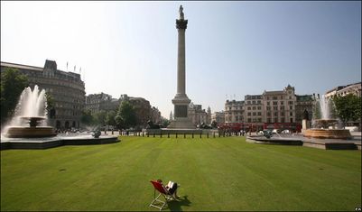 London's Trafalgar Square is covered in grass (Image Credit: BBC)
