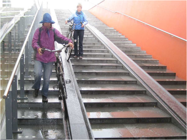 Bicycle stairs with right and left-handed users going down (Image Credit: Urbancommuter)