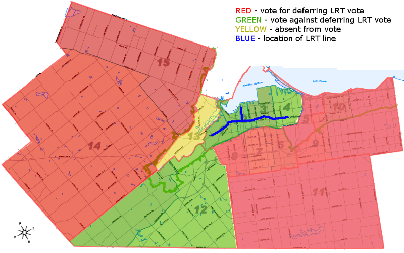 Map: votes for or against the LRT Deferral motion by ward
