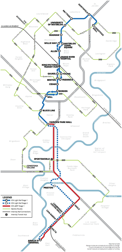 Waterloo ION LRT route and feeders