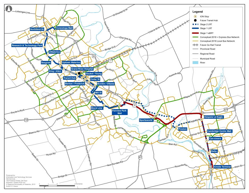Waterloo ION LRT route map