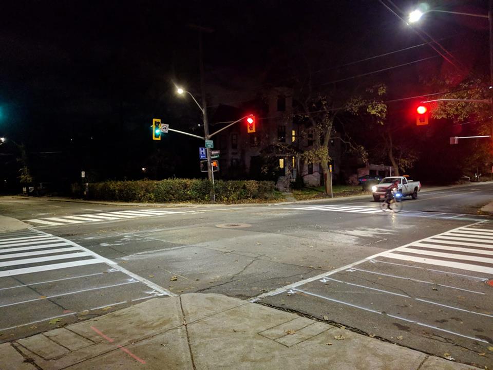 Zebra crosswalk in progress