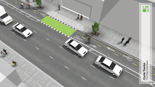 Green painted bike lanes across driveways (Image Credit: Momentum Magazine)