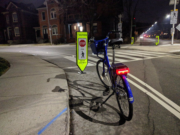 Bollard blocking Herkimer bike lane at Queen, April 12, 2018 (RTH file photo)