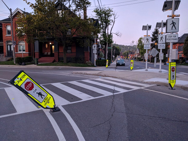 Bollard damaged, May 15, 2018 (RTH file photo)