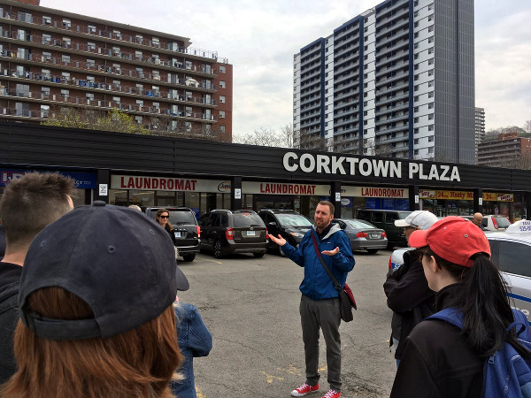 Cameron Kroetsch leading Jane's Walk on the future of Corktown, May 6, 2018