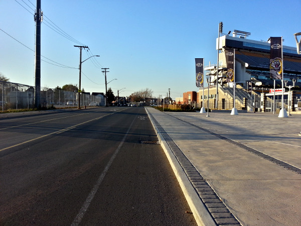 Cannon bike lane faded at Tim Horton Stadium