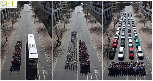 Comparison: space on road to carry 40 people in cars, bicycles and a bus (Image Credit: Cycling Promotion Fund)