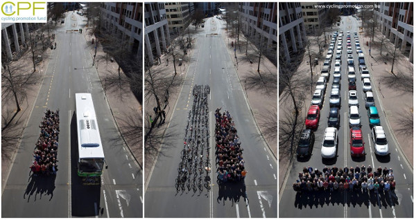 Space on road used for people in a bus, on bikes and in cars