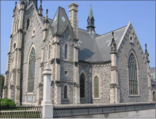 Figure 8. Central Presbyterian Church, Galt. Constructed in 1860 of dark fieldstone and light Guelph dolomite. Note that the fieldstone has been carefully shaped and selected for colour (it is a green-grey gneiss - light coloured granites were not included).