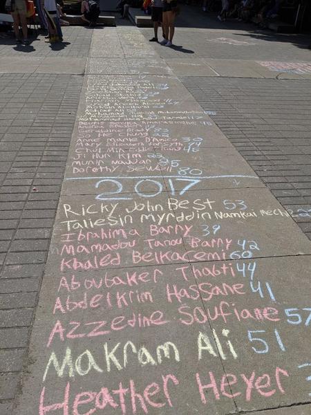 List of people killed by right-wing extremists written in chalk on the City Hall forecourt