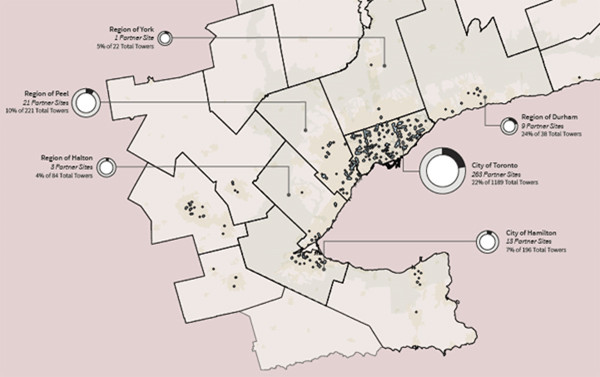 Clusters of apartment towers over seven storeys in the GTHA. Hamilton has just under 200. (Image Credit: Tower Renewal Partnership Understanding the Tower Landscape.)