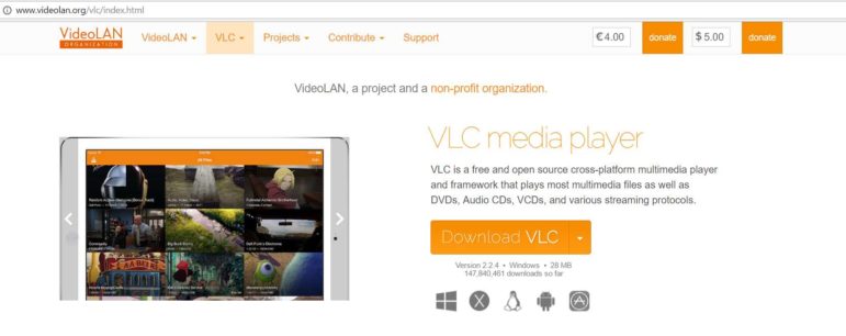 The VLC Media Player homepage on February 15, 2017 from a Windows Desktop in Chrome browser