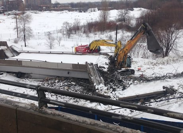 Overpass over Bayview O-Train Station collapsed when it was being dismantled in March 2016 (Photo Credit: CBC Ottawa)