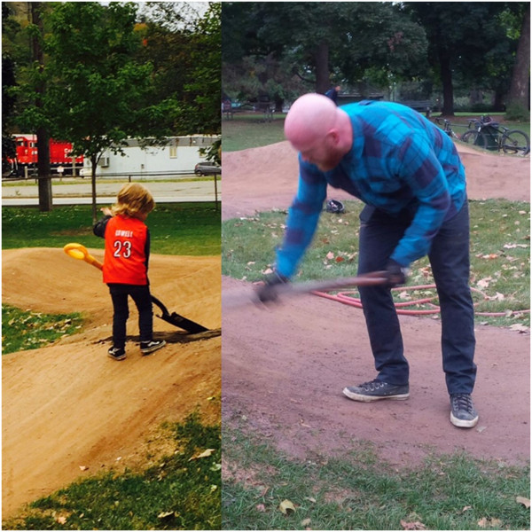 Volunteering at the track. Left pic: My son. Right pic: Me.