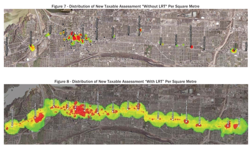 Distribution of new taxable assessment without LRT and with LRT (Source: Canadian Urban Institute)