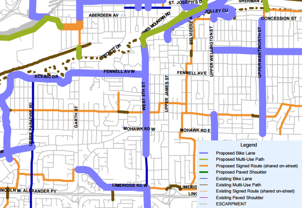 Detail from Cycling Master Plan route map with legend superimposed at bottom right (Image Credit: City of Hamilton)