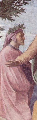 Detail of Dante from Parnassus by Raphael, Apostolic Palace, Vatican City. I can't wear that colour. Great on him.