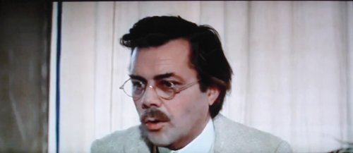 Dirk Bogarde in Death in Venice, 1971, capturing - I would say effectively, if not masterfully - Aschenbach's increasing uptightness about the disinfectant